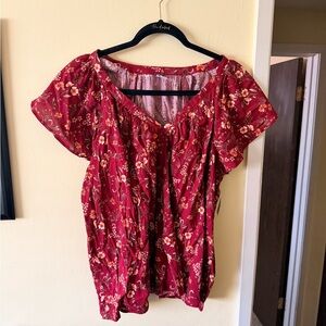 Old Navy Burgundy Floral Short Sleeve Peasant Top
